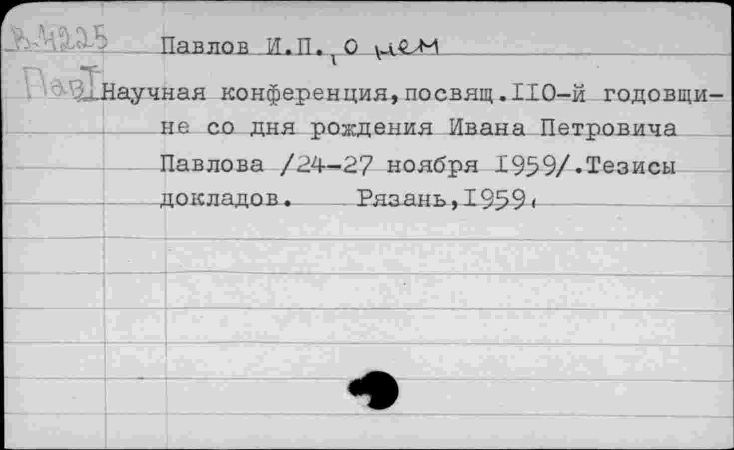 ﻿—Павлов И.П.^О ....................
'.-..Научная конференция,посвящ. 110-й годовщине со дня рождения Ивана Петровича Павлова /24-27 ноября 1959/.Тезисы докладов.	Рязань,I959<